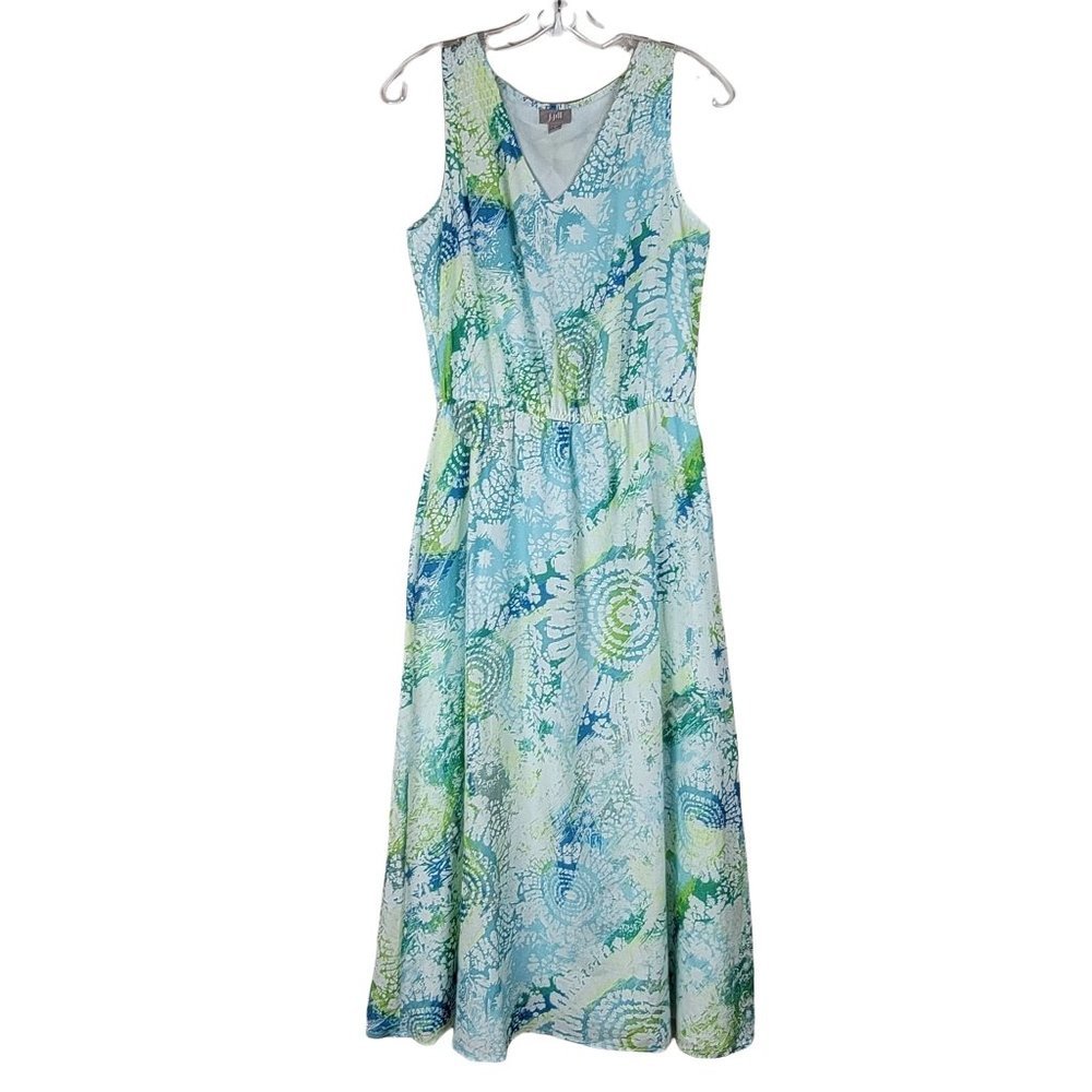 J. Jill Classic Silk Cotton Blue Green Tie Dye V-Neck Sleeveless Midi Dress S